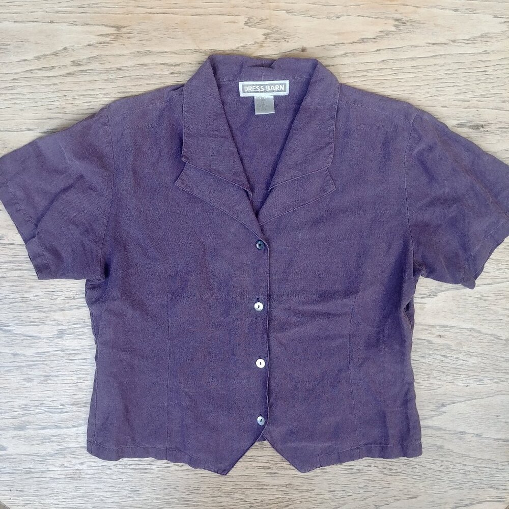 Vintage 75% silk 25% linen collar shell button down purple top blouse Medium
